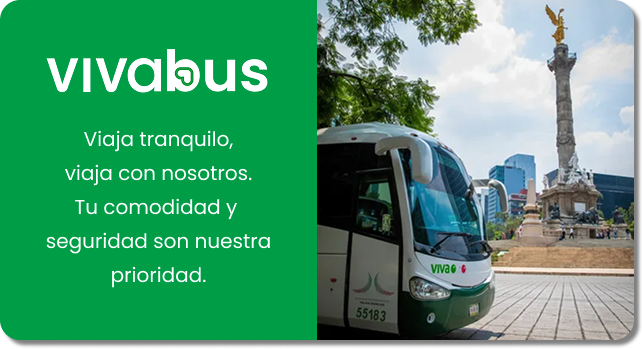 Tarjeta promocional VivaBus: Viaja tranquilo, viaja con nosotros. Tu comodidad y seguridad son nuestra prioridad. Imagen de un autobús frente al Ángel de la Independencia en Paseo de la Reforma, Ciudad de México